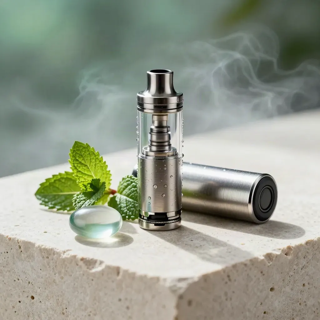 Macro vape cart with mint sprig and glass pebble on pale limestone, lit with cool vapor haze.