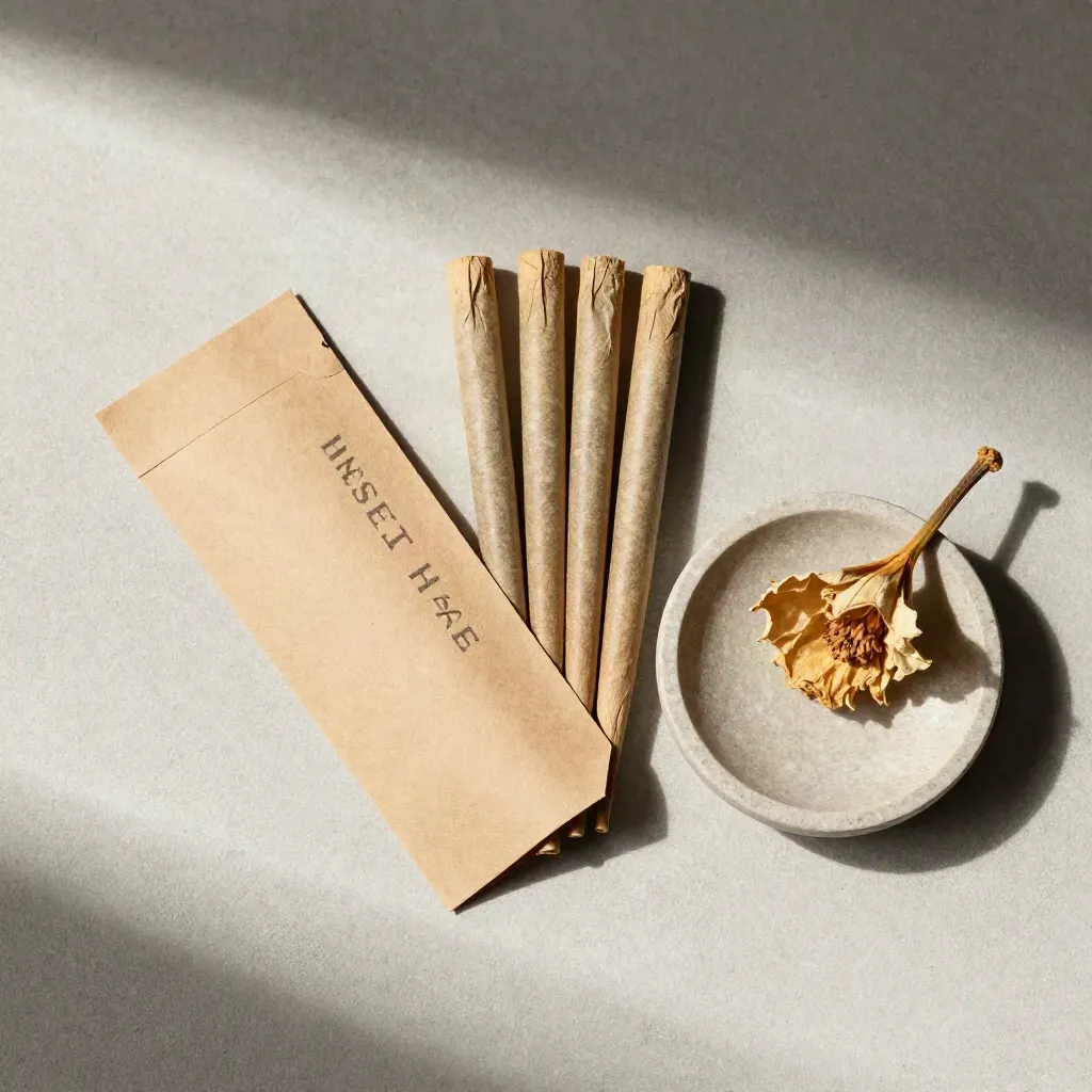 Overhead fan of Sunset Haze pre-rolls beside a kraft sleeve, stone dish, and dried bloom on pale concrete.