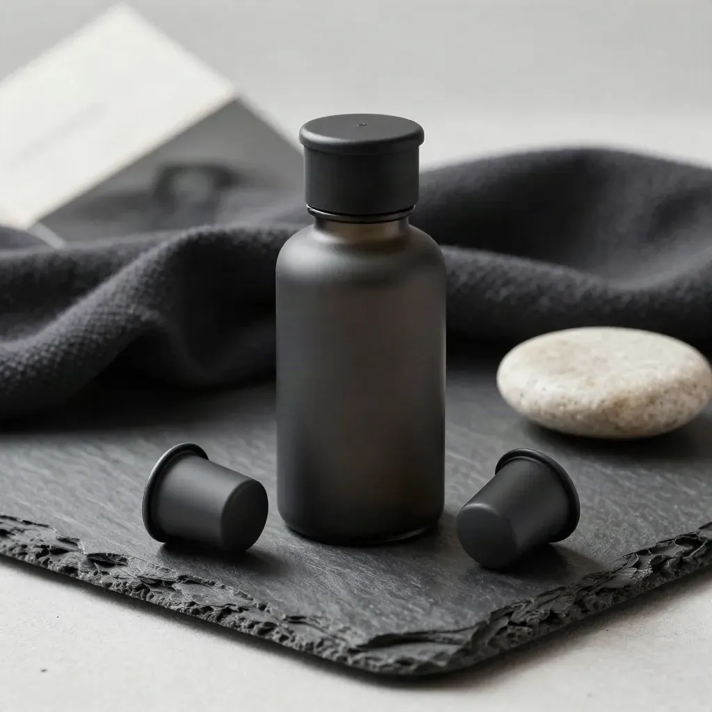 Top-down capsules bottle with scattered pills, cloth, and stone bowl on charcoal slate.